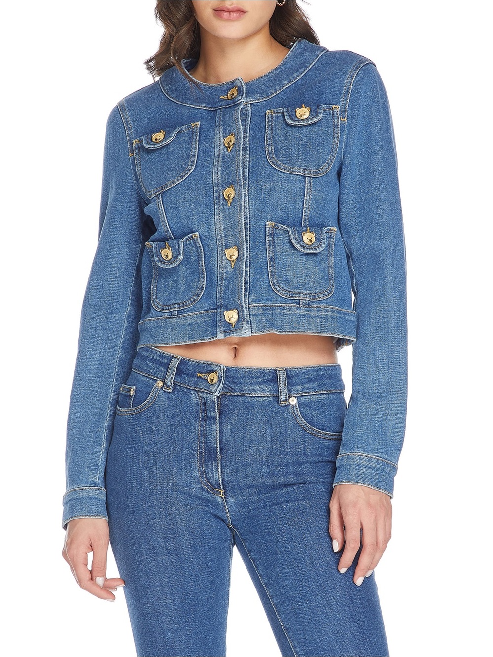 Moschino Blue Denim Cropped Jean Jacket with Gold Buttons